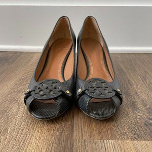 Tory Burch Open Toe Wedge 8.5 Black EUC